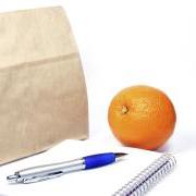 Brown paper bag with notebook, pen and orange